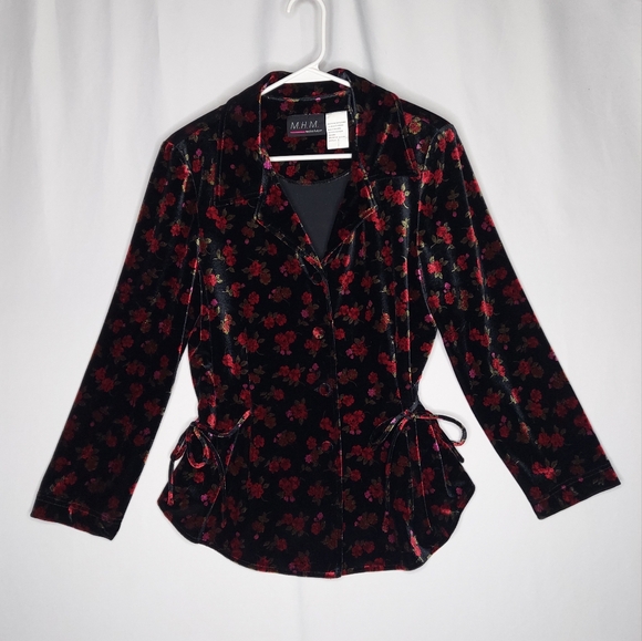 Vintage Jackets & Blazers - Vtg 90s Melissa Harper Velvet Dark Floral Blazer Women 12 Whimsigoth Cottagecore